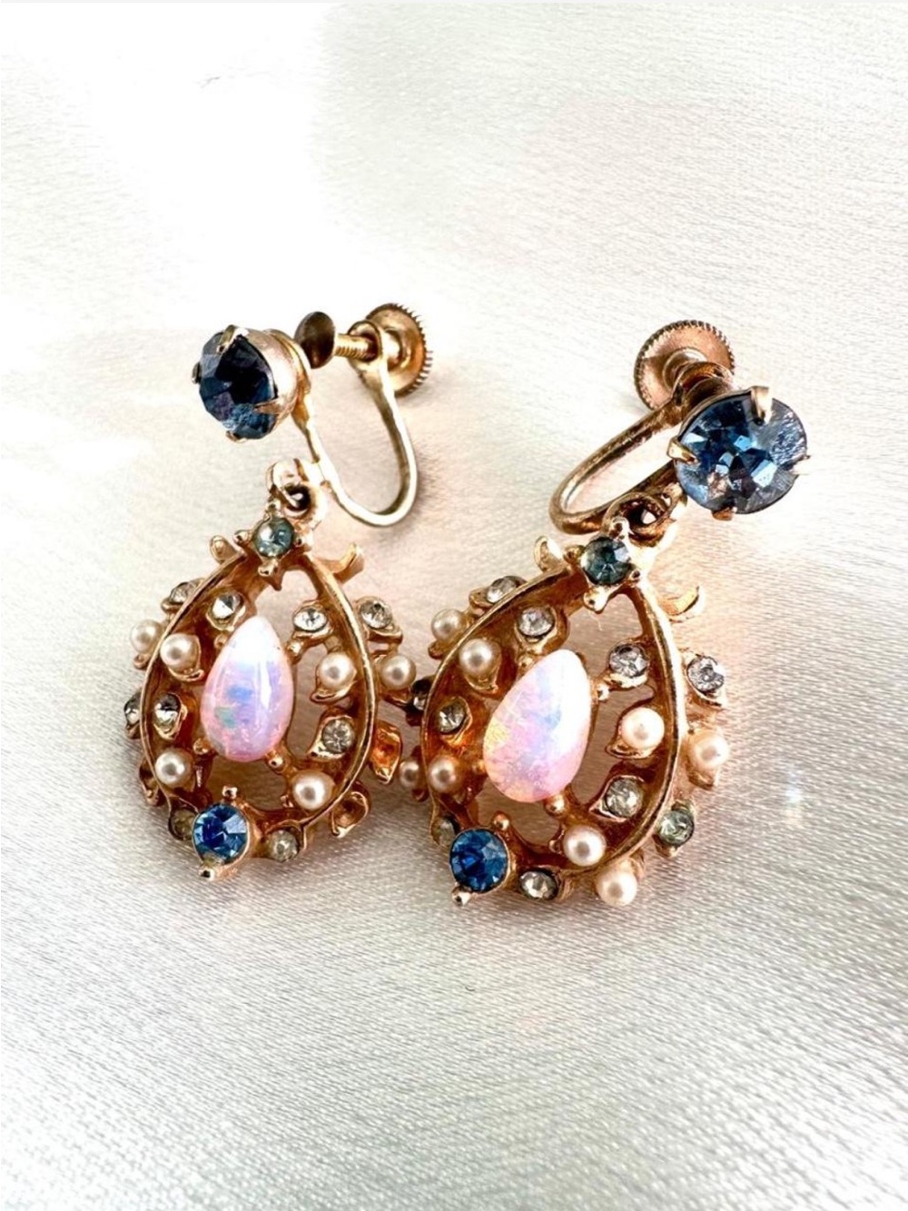 Vintage Gold Dangle Screw-Back Earrings with pink opal and blue sapphire